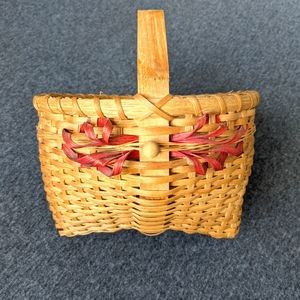 Wooden Handled Woven Basket with Red Decorative Weaving Signed "Soni '98"